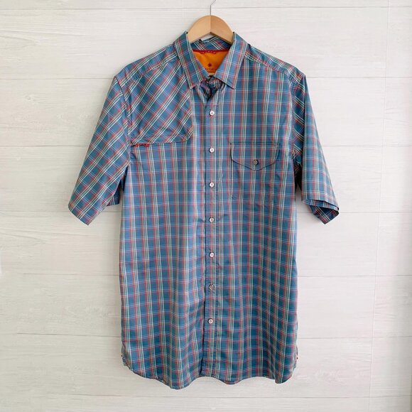 The Territory Ahead - Blue plaid short sleeve active button up shirt, L - Picture 1 of 6